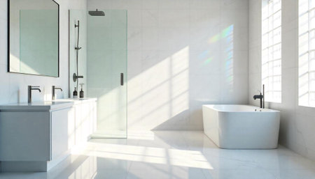 Modern bathroom interior with marble tiles and natural light