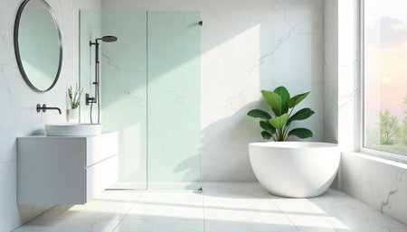 Bright modern bathroom interior with bathtub and shower cabin