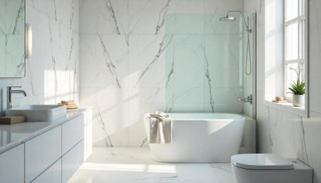 Bright modern bathroom interior with marble tile and bathtub