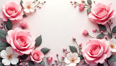 Elegant frame of pink roses and white blossoms background