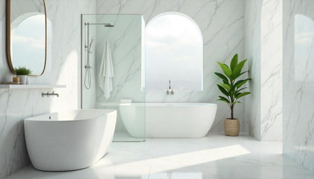 Bright and modern bathroom with marble and freestanding tubs