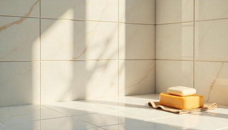 Still life of soap bars on a tiled surfaceの写真素材