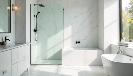 Bright and modern bathroom design with freestanding tub and shower