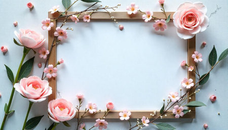Floral frame with soft pink blossoms and white centerの写真素材