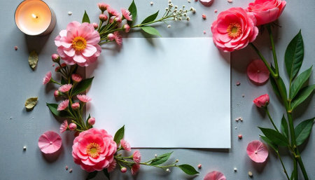 Floral frame with blank paper and candle arrangement