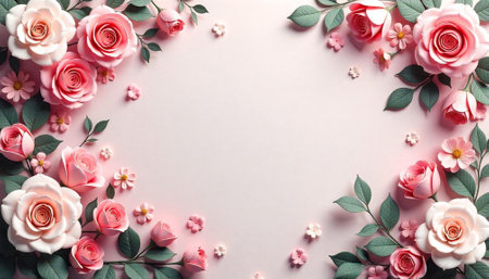 Floral frame of roses and blossoms on pink background