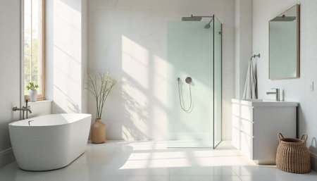 Modern bathroom interior with freestanding tub and glass shower