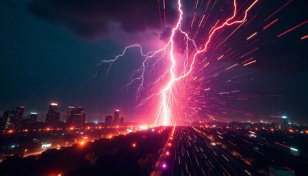 Powerful lightning strikes city skyline during a storm at nightの写真素材