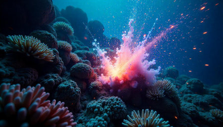 Vibrant coral reef explosion underwater with light and particlesの写真素材
