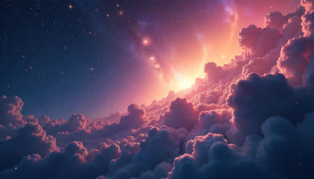 Dramatic skyscape featuring luminous clouds and celestial stars