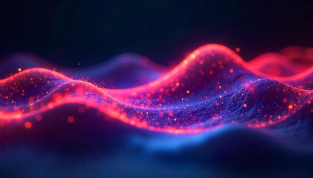 Abstract glowing waves with particles on dark background designの写真素材