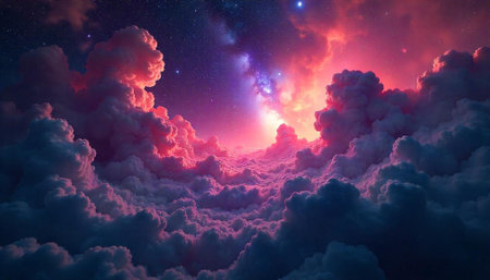 Celestial Clouds with Pink Highlights Against a Starry Sky
