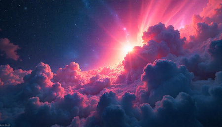 Radiant light shining through pink clouds and starry skies