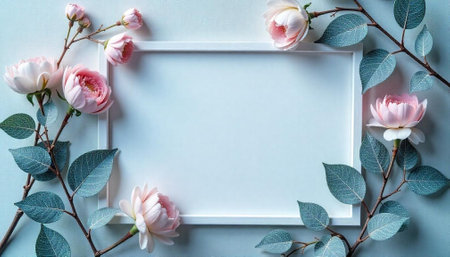 Elegant frame surrounded by flowers and leaves for mockups