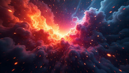 Epic celestial cloudscape with dynamic light and sparkling particles