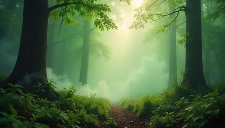 Enchanted Forest Path with Sunlight and Lush Greeneryの写真素材