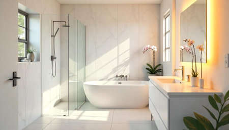 Bright contemporary bathroom with freestanding tub and marble tile