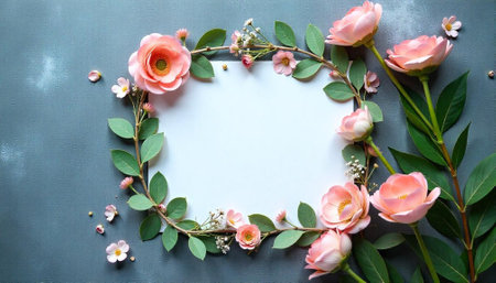 Floral frame with pale roses and leaves on greyの写真素材