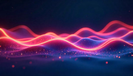 Abstract waves with neon lines and glowing particles background