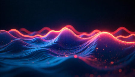 Abstract glowing waves background in blue and red shadesの写真素材