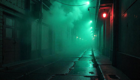 Mysterious alleyway with green fog and red light
