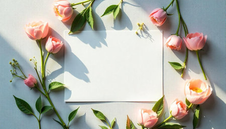 Floral frame with pink roses and a blank card