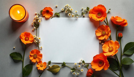 Floral frame with orange poppies and candle for textの写真素材