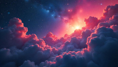 Dramatic clouds and starlight cosmic sky with sunburst background