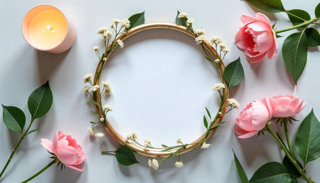Elegant floral frame with candle and pink rosesの写真素材