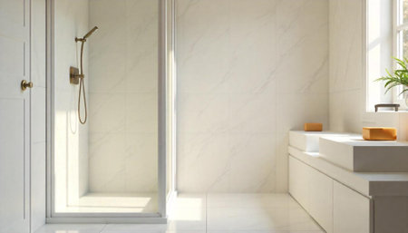 Bright modern bathroom with walk-in shower and marble tiling