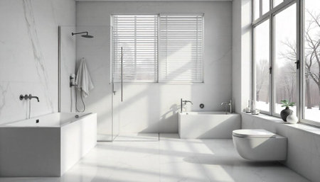 Modern all white bathroom bathed in sunlight and elegance