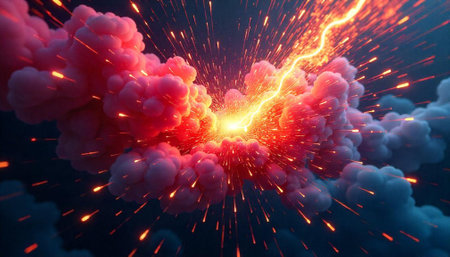 Dramatic explosion with sparks and clouds on dark background
