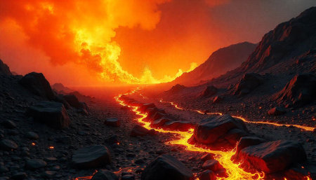 Fiery Lava Flowing Through Rocky Landscape Under Volcanic Sky