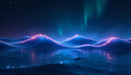Abstract glowing waves landscape with aurora borealis in night