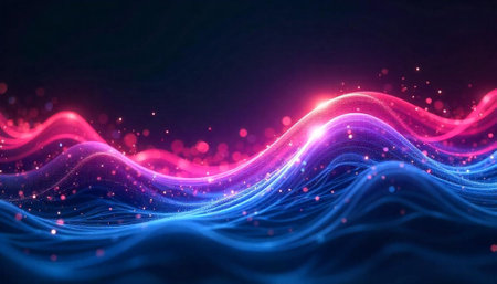 Abstract flowing lines with glowing particles in blue and pink