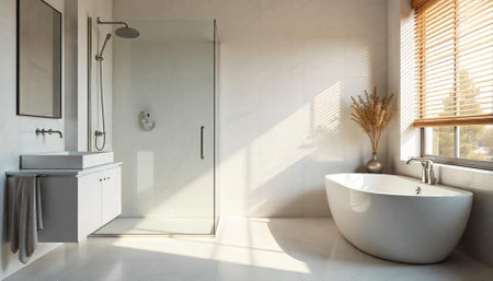 Bright modern bathroom with freestanding tub and walk-in shower