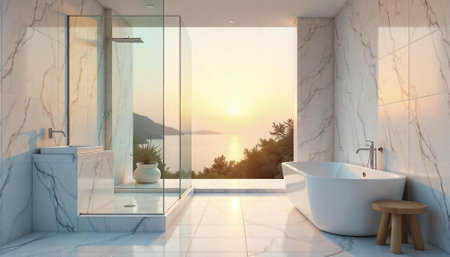Luxurious modern bathroom with ocean view and natural light