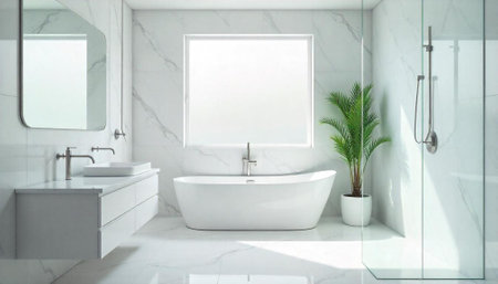 Bright bathroom with freestanding tub and walk in shower