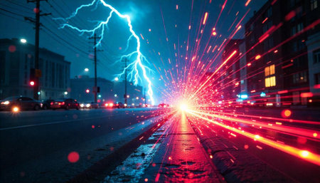 City street illuminated by lightning strike and energy beams