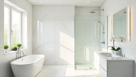 Bright and modern bathroom design with bathtub and shower