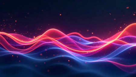 Abstract glowing waves on dark background with light particles
