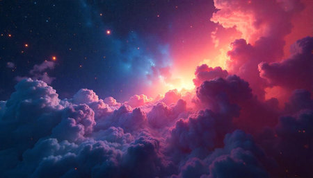 Dreamy nebula sky with vibrant clouds and starlight glow