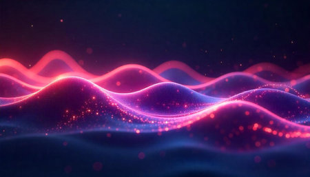 Abstract waves with glowing lights on dark background