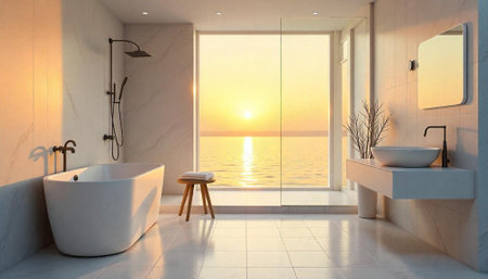 Modern bathroom interior with ocean view at golden hourの写真素材