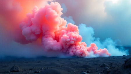 Volcanic landscape with pink plume and blue sky