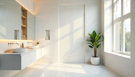 Modern minimalist bathroom interior with natural light and plant