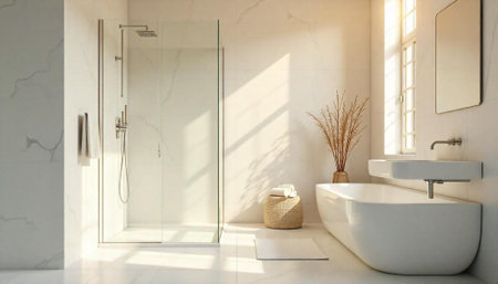 Bright luxurious bathroom featuring shower, tub, sink and natural light