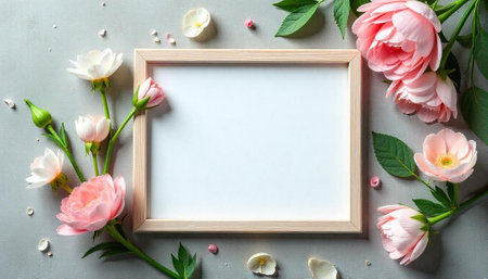 Elegant floral frame with pink roses on gray backgroundの写真素材