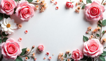 Pastel pink floral arrangement with empty space for textの写真素材