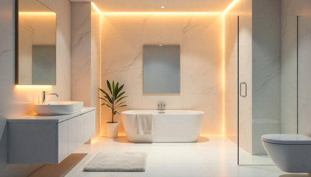 Luxurious and modern bathroom interior with warm ambient lighting